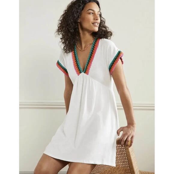 BODEN White Knit Dress Crochet Trim US 6 Colorful Boho 100% Cotton Pockets - Picture 1 of 16